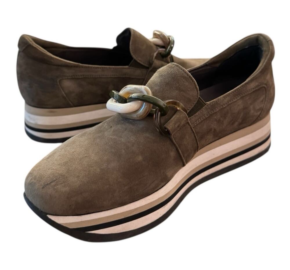 Softwaves Olive Army Green Suede Platform Chain Loafers EU 39.5 Arch Support 9